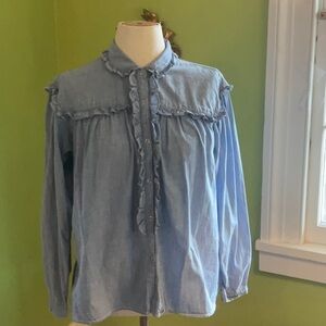 Vintage 80s ruffled chambray snap front shirt